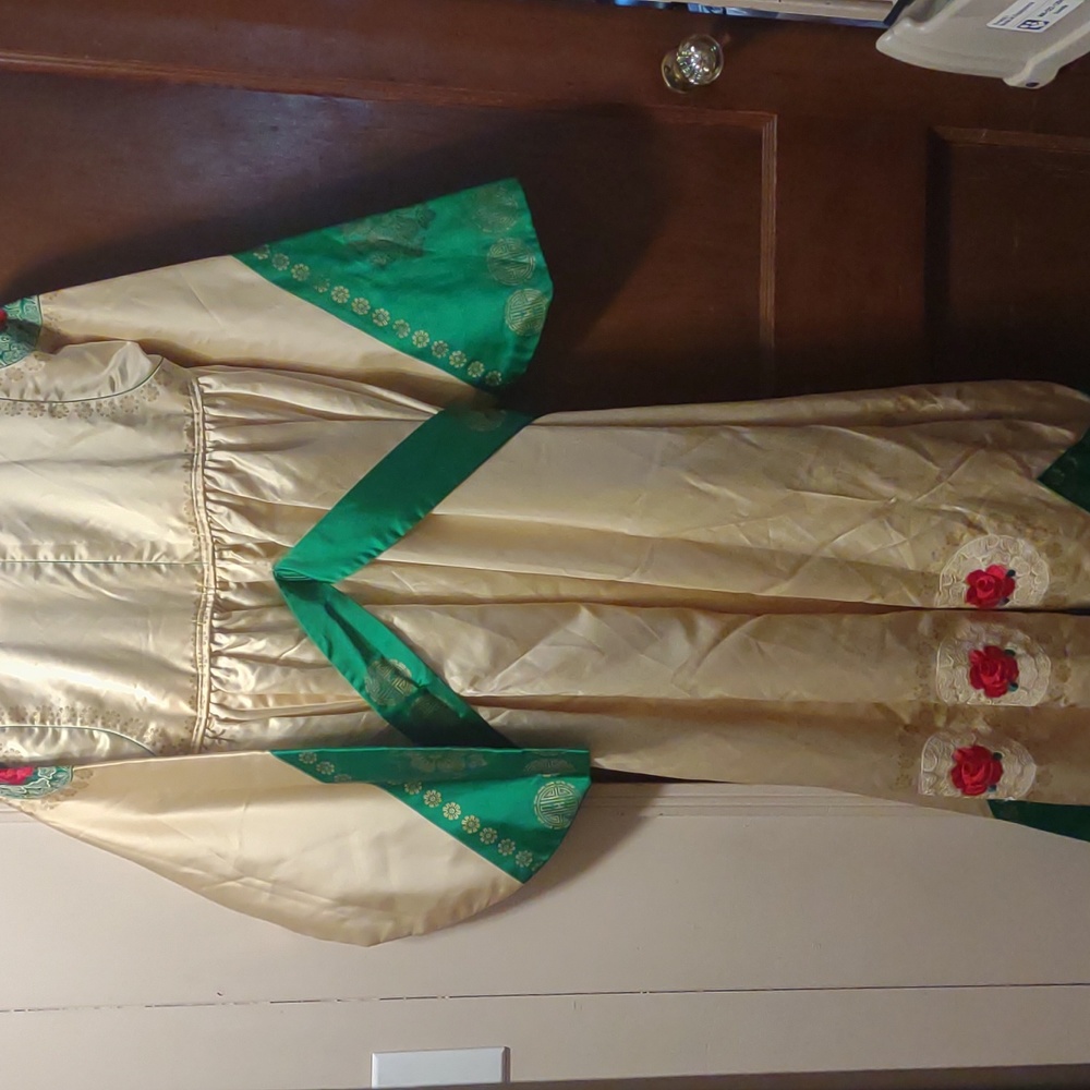 Vintage embroidered Japanese ceremonial kimono robe red rose gold paint